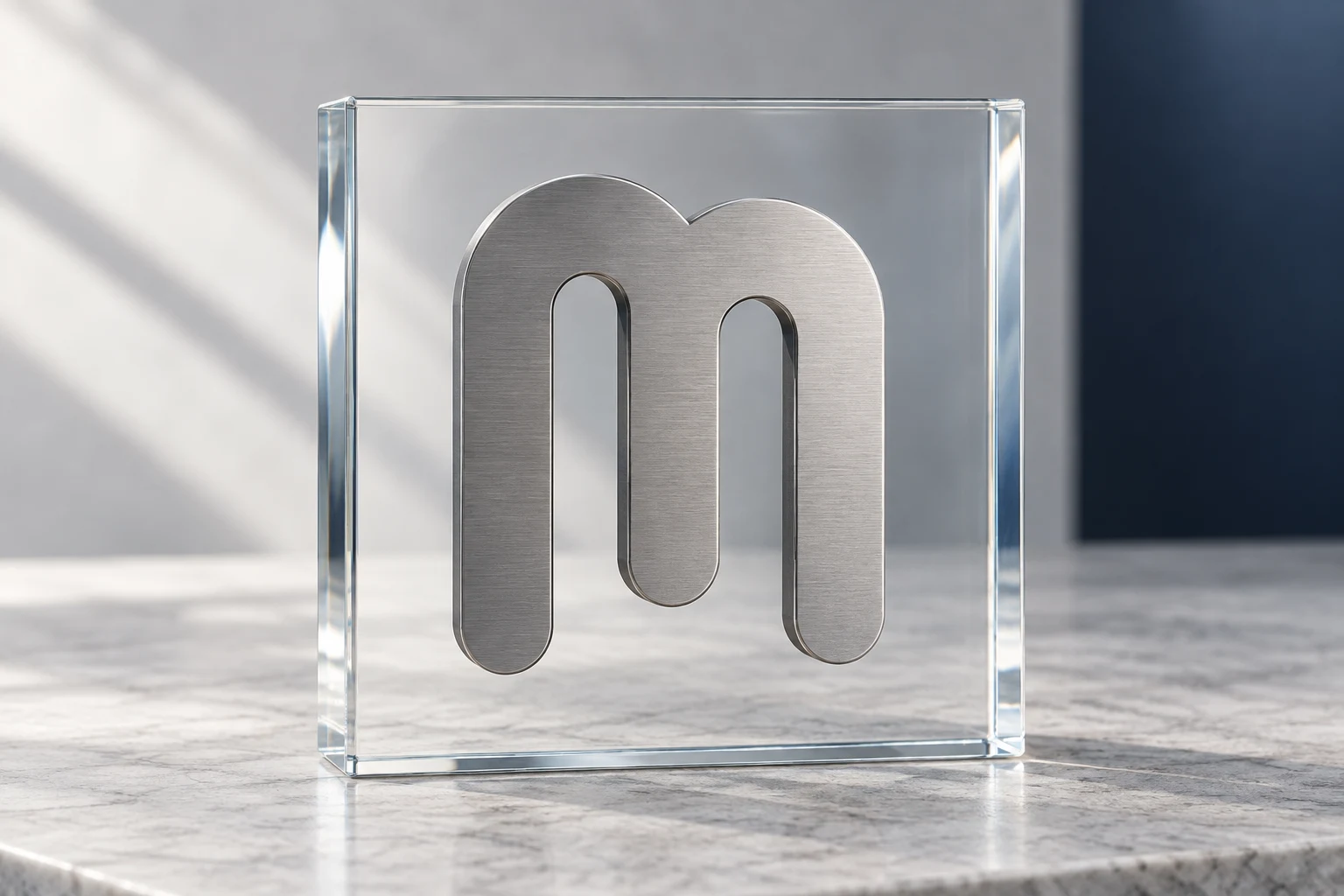 Monograma da Market Shield em metal e vidro, uma representação visual da proteção da marca.